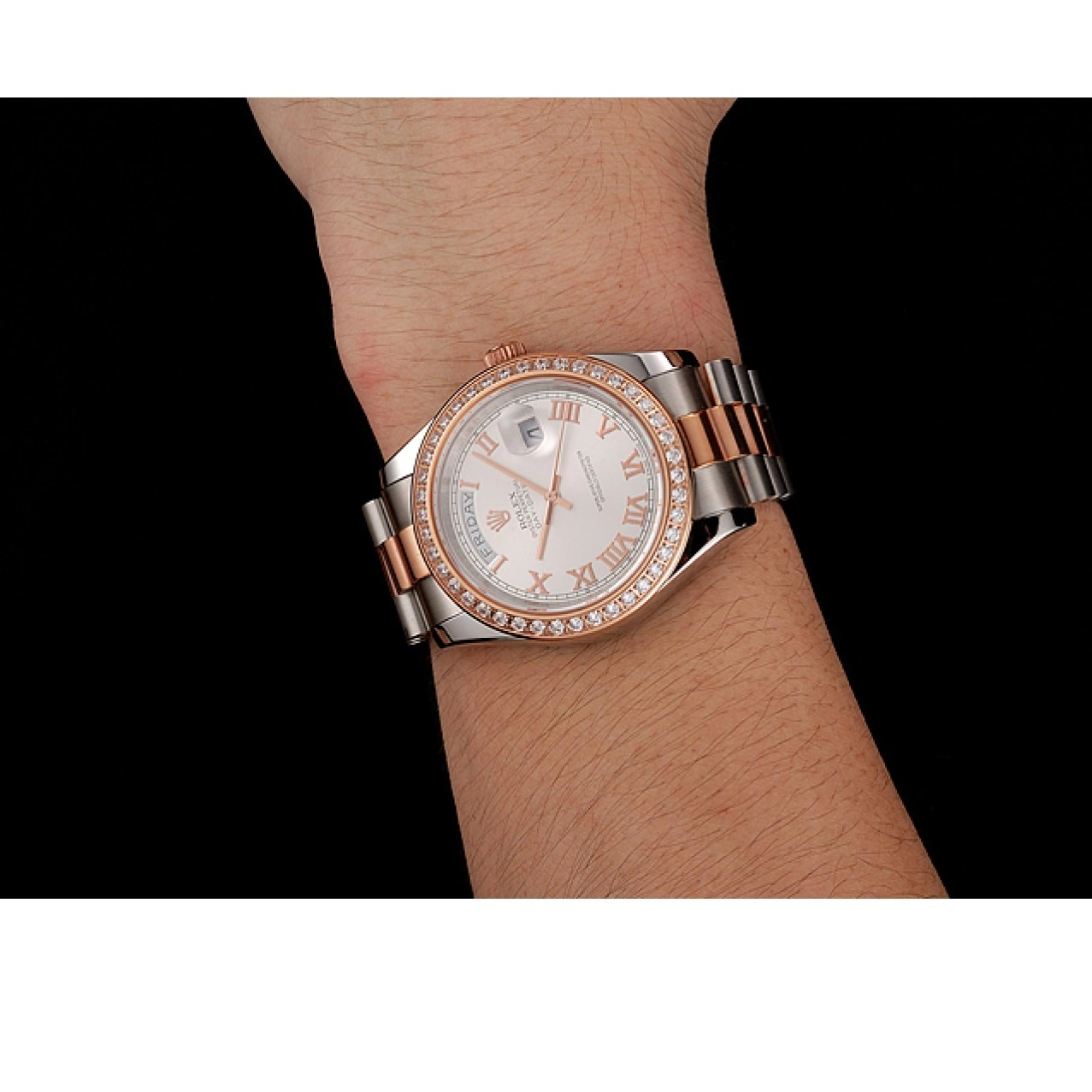 Good Copy Rolex Watches Day-Date Diamonds Steel Bezel Rolex And 1454108 Swiss Gold Staineless Dial Bracelet White Rose 0702